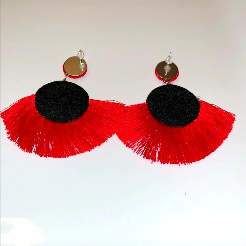 RED TASSEL FRINGE EARRINGS - Picture 7 of 8
